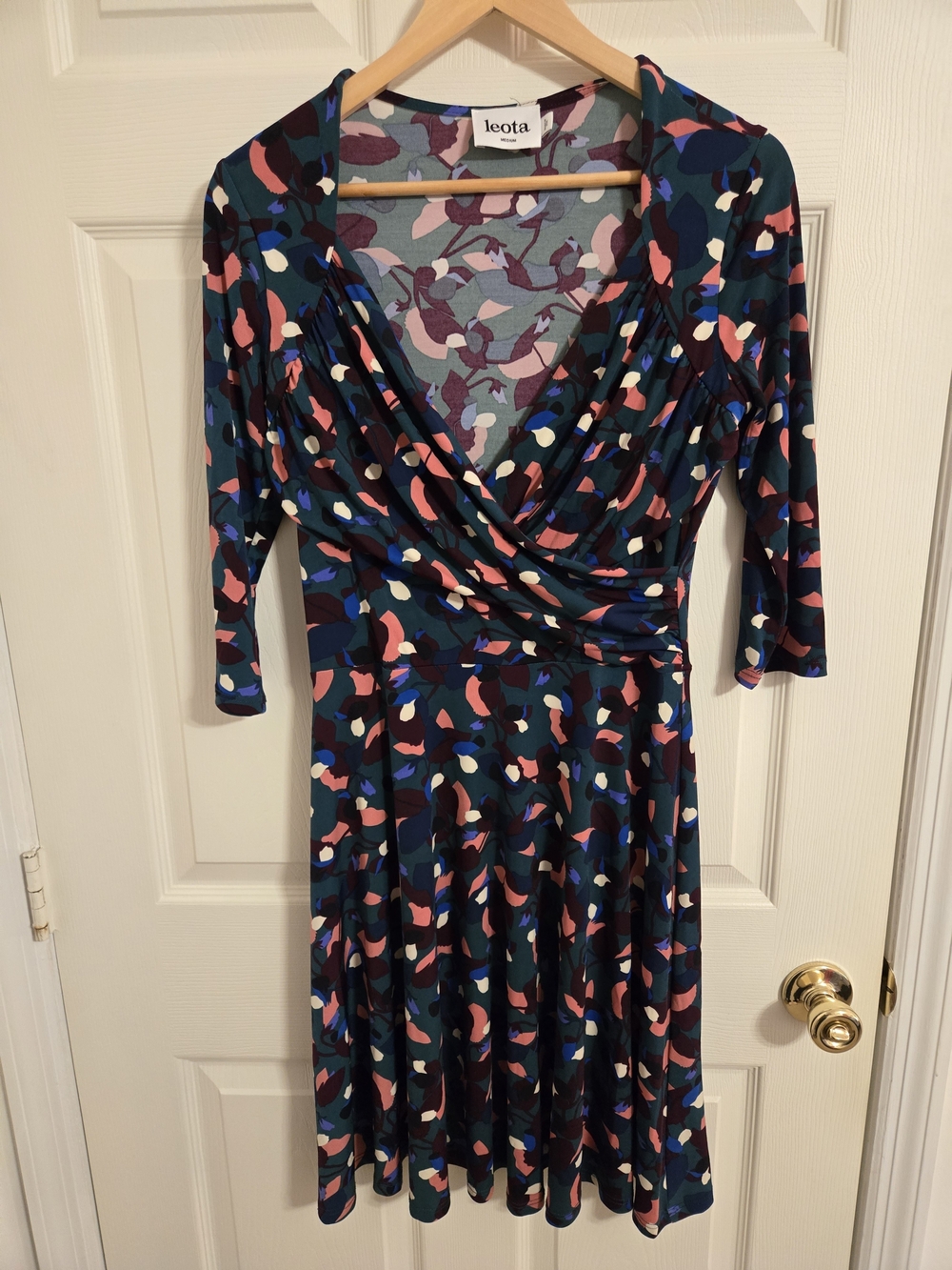 Leota Teal And Pink Multiprint Faux-Wrap Midi Dress Size Medium